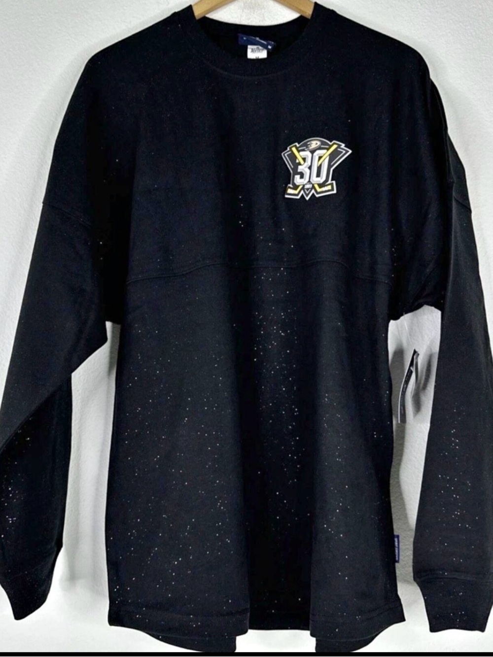 Spirit Black Anaheim Ducks Crewneck Sweatshirt with Purple Speckle Detail